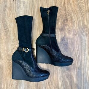 FABI Black Suede & Embossed Leather Platform Wedge Ankle Boots